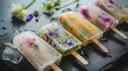 A selection of homemade flower popsicles on a dark slate with melting ice