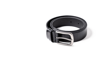 Twisted black leather belt with matted metal buckle isolated on white background. Fastened fashionable unisex, man or woman accessory for trousers, jeans, dress. Male luxury strap. Haberdashery goods