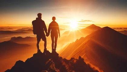 Tuinposter Donkerrood two hikers holding hands, reaching the summit at sunrise