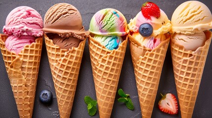 A selection of colorful ice cream cones with fresh fruit toppings on a dark surface.