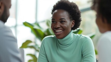 A vibrant African American woman is in the spotlight, displaying a joyful smile and laughter. Fictional Character Created by Generative AI.