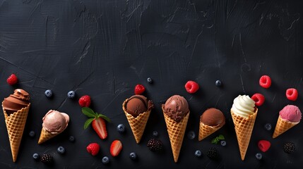 Assorted ice cream cones with fresh berries on a textured black surface.