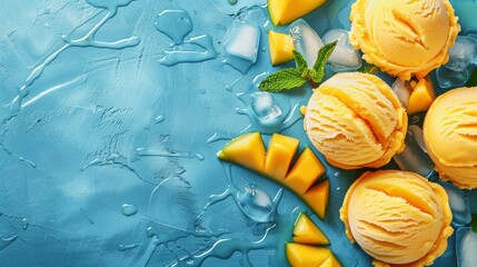 Scoops of yellow mango ice cream with fresh fruit and mint on a blue background.