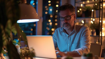 Obraz premium A middle age businessman sitting in front of a laptop computer, working diligently in a dimly lit room. Fictional Character Created by Generative AI.