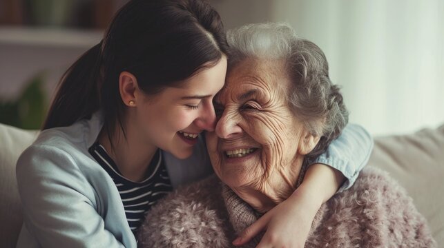  Closeup image of Loving daughter embracing her older mother on the couch during happy mother's day concept.  Fictional Character Created by Generative AI.