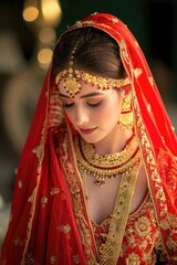 Obraz premium Attractive Indian bride photo in traditional red and golden wedding dress and elegant jewelry. Fictional Character Created by Generative AI.