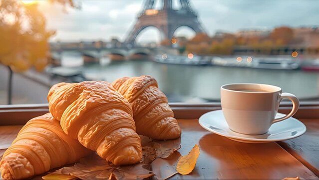 Delicious french croissants on romantic background of Eiffel tower. Created with Generative AI.	