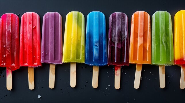 Colorful array of various flavored ice pops on a black background