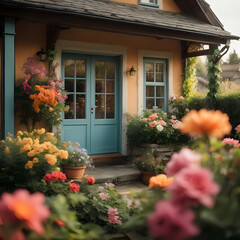 Fototapeta na wymiar Colorful Flowers and Plants in Front of Blue Doorway