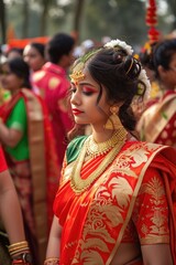  Attractive Indian bride photo in traditional red and golden wedding dress and elegant jewelry. Fictional Character Created by Generative AI.