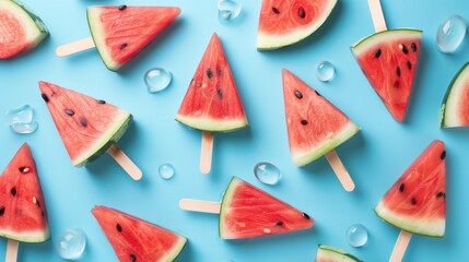 Sliced watermelon pieces arranged like popsicles on a blue background with ice drops. - Powered by Adobe