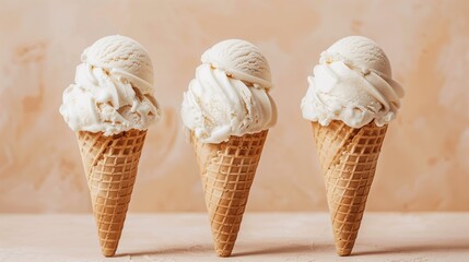 Three vanilla ice cream cones against a soft peach-colored background.