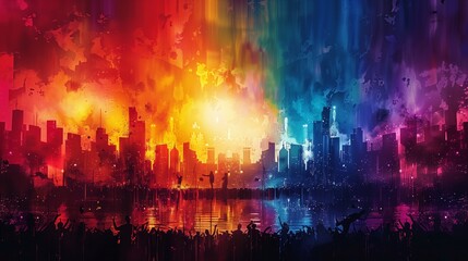 Fototapeta na wymiar Vibrant Cityscape Under Rainbow-Colored Sky