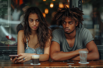 Fototapeta premium An attractive couple sitting in a city cafe drinking cocktails and coffee