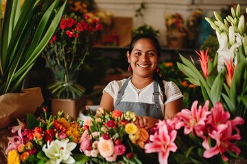 A florist woman wearing apron at her shop and smile for the camera. Fictional Character Created by Generative AI.