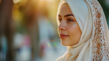 During Ramadan Photo of a beautiful Muslim woman wearing a hijab or traditional headscarf in sunlight captivating  nature background. Fictional Character Created by Generative AI.