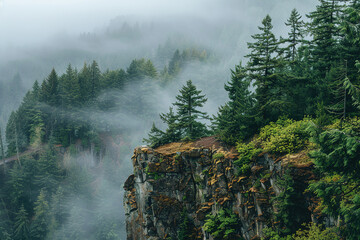 wallpaper gorgeous evergreen forests over a rocky cliffside, with empty copy space