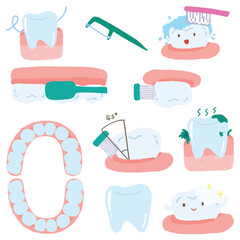 Cute tooth characters in flat style. Step of cleaning teeth stains. from unhealthy teeth to healthy teeth