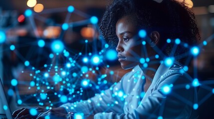 Woman Working on Laptop Surrounded by Blue Lights