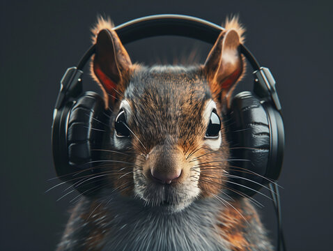 Cute Squirrel Portrait with Black Headphones
