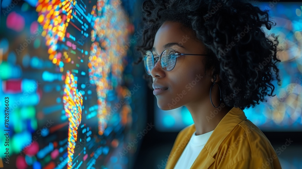 Poster young woman analyzing data on multiple computer screens in office