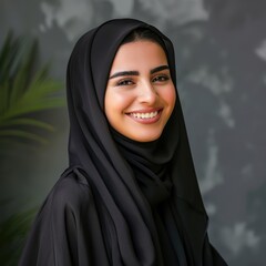 A smiling Muslim young woman in a black hijab during Ramadan.  Fictional Character Created by Generative AI.
