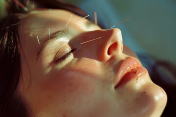  Young woman on procedure acupuncture treatment on face by therapist, chinese medicine treatment, health,  body care, healing concept.