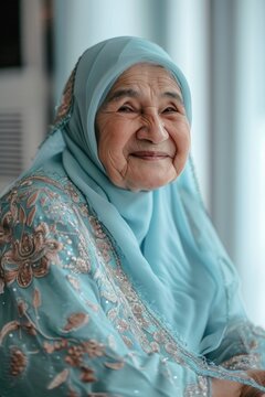 Eid Mubarak Islamic Greeting Card with The Wisdom of Experience - An elderly woman in a hijab. Fictional Character Created by Generative AI.