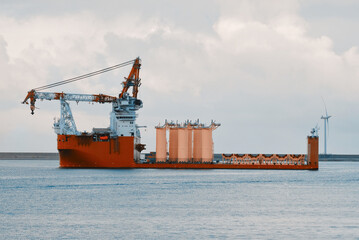 Semi-Submersible Installation Heavy Lift Vessel For The Offshore Wind Industry Entering The European Port.