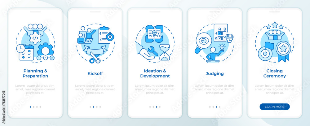 Aufkleber hackathon process structure blue onboarding mobile app screen. walkthrough 5 steps editable graphic 