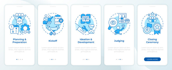 Hackathon process structure blue onboarding mobile app screen. Walkthrough 5 steps editable graphic instructions with linear concepts. UI, UX, GUI template. Myriad Pro-Bold, Regular fonts used - obrazy, fototapety, plakaty