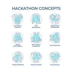 Hackathon soft blue concept icons. Tech event for program developers. Tech solutions. Coding competition. Teamwork. Icon pack. Vector images. Round shape illustrations. Abstract idea