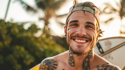 Tattooed Attractive smiling hipster surfer holding cool surf board on the beach at sunset. Happy Joyful guy having fun doing extreme sport Outdoors. adventure lifestyle