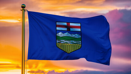 Alberta Waving Flag Against a Cloudy Sky at Sunset.
