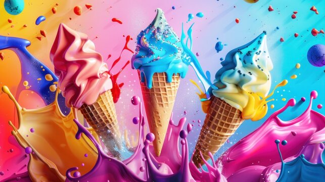 ice cream cones are splattered with colorful paint, creating a fun.