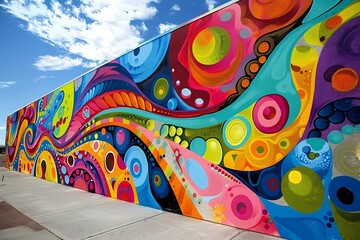 A vibrant mural on the side of an urban building, featuring bold colors and swirling patterns in...