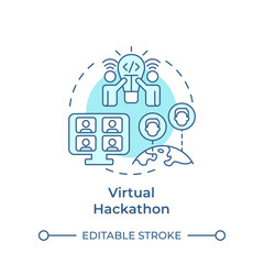 Virtual hackathon soft blue concept icon. Remote teamwork. Virtual meeting. Creative solutions. Round shape line illustration. Abstract idea. Graphic design. Easy to use in promotional materials