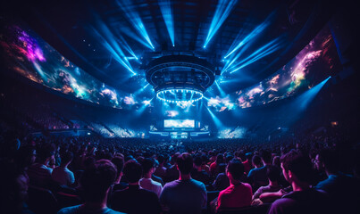 Thrilling E-Sports Spectacle: Packed Arena, Rapt Audience, Intense Gaming Action - obrazy, fototapety, plakaty