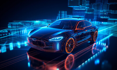 Futuristic Vehicle Wireframe Glowing on Cybernetic City Grid - Concept of Autonomous Driving