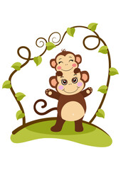 Cute mother monkey with little child on head on tree branch green leaves