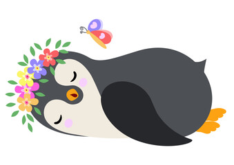 Lovely penguin sleeping with wreath floral on head - 782878217