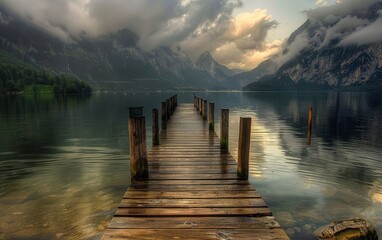 Fototapeta premium Pier at a lake in Hallstatt, Austria
