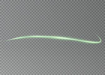 Light green lines png of speed. Light glowing effect. Abstract motion lines. Light trail wave png, fire path trace line, car lights, optic fiber and incandescence curve twirl	
