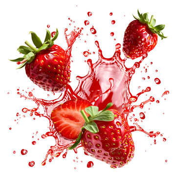 Strawberries in juice splash isolated on white background