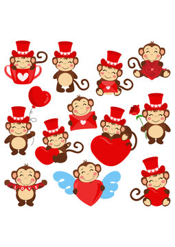 Set of valentines day cute monkey