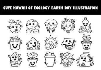 Fototapeta premium Cute kawaii of ecology Earth Day outline sketch vector illustration set