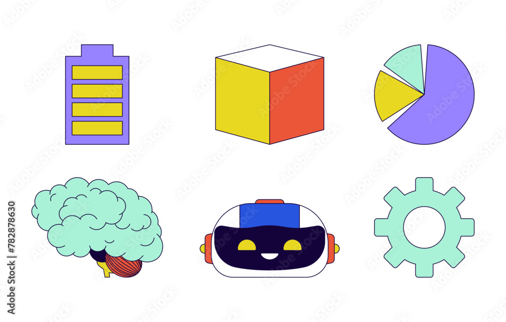 Poster ai technology processing 2d linear cartoon objects set. robotic head, cube geometric isolated line v