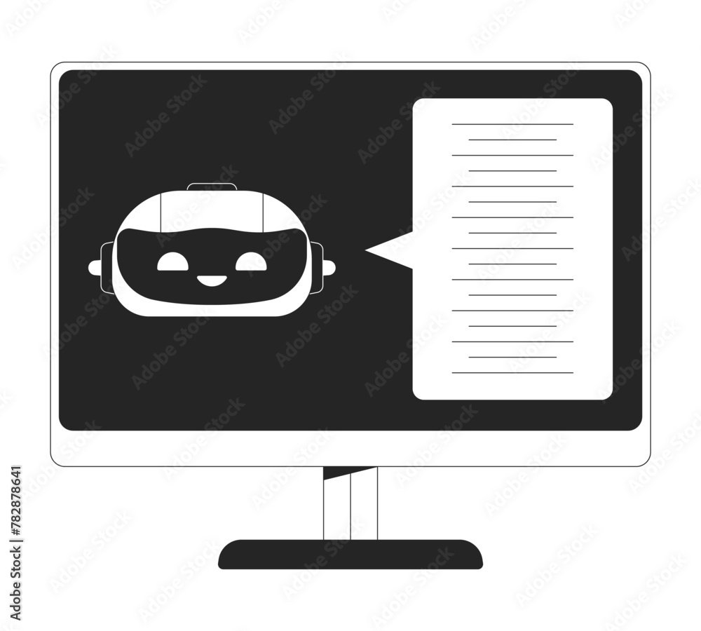 Poster chatbot ai computer display black and white 2d line cartoon object. artificial intelligence messenge