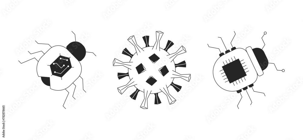 Poster virus computer bugs black and white 2d line cartoon objects set. dangerous malware isolated vector o