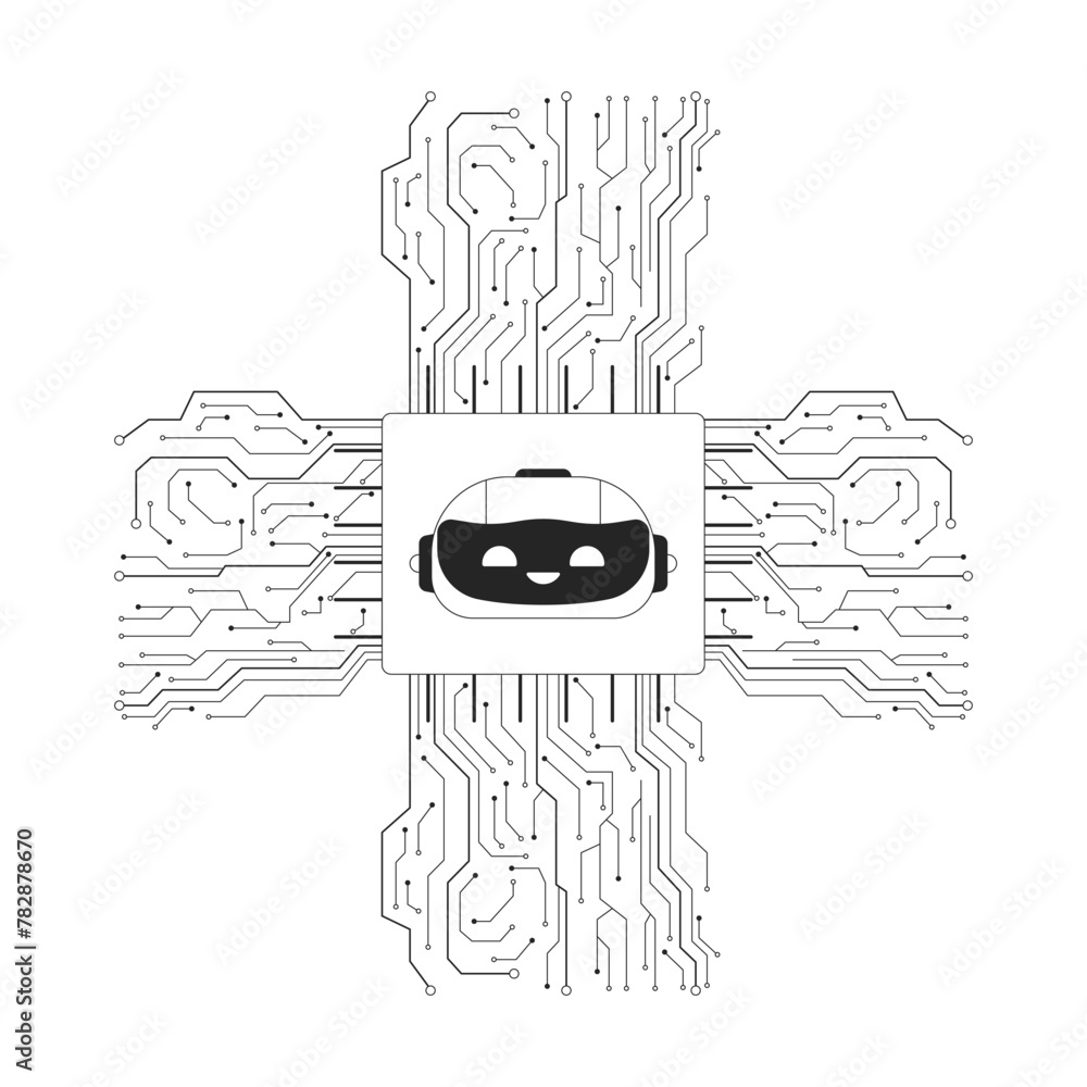 Poster ai microchip cpu black and white 2d line cartoon object. artificial intelligence chip circuit isolat
